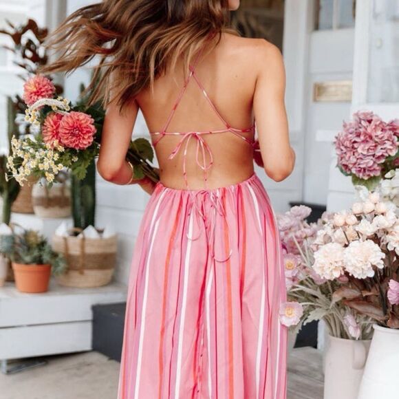 NWOT Pedal and Pup - Madam Stripe Cutout Cotton Halter Dress Size Large - Picture 2 of 15